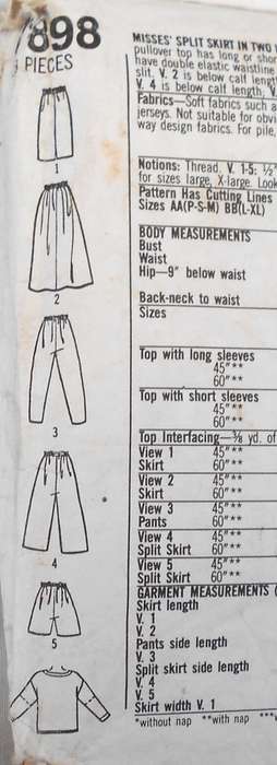 SIMPLICITY 7898 SPLIT PANTS-PANTS-SLIM & FLARED SKIRTS-TOP SIZE L-XL 42-48 COMPLETE-PART CUT TO XL