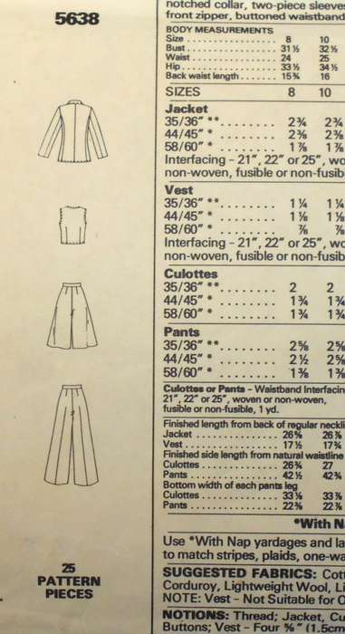 McCALLS 5638 UNLINED JACKET-WAISTCOAT-PANTS-CULOTTES SIZE 12 BUST 34 COMPLETE