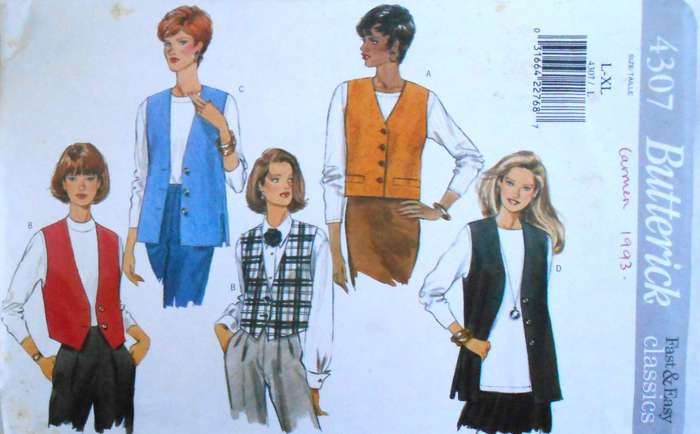BUTTERICK 4307 SET OF WAISTCOATS SIZE L-XL (16-22) COMPLETE-CUT TO XL 20-22