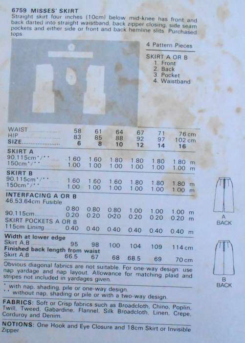 BUTTERICK 6759 SKIRT SIZE 12 COMPLETE