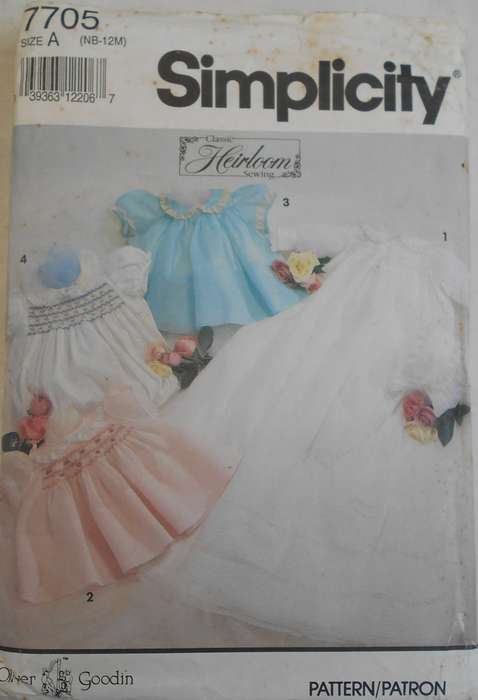 SIMPLICITY 7705 CHRISTENING GOWN-DRESS-SLIP-ROMPER-BONNET SIZE NB-12M CUT TO NB-SEE LISTING