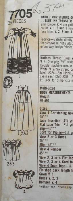 SIMPLICITY 7705 CHRISTENING GOWN-DRESS-SLIP-ROMPER-BONNET SIZE NB-12M CUT TO NB-SEE LISTING