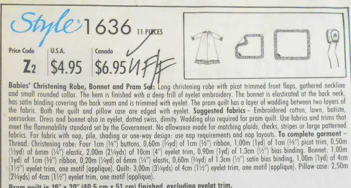 STYLE 1636 CHRISTENING ROBE-BONNET-PRAM SET SIZE NB-6M-12M COMPLETE-UNCUT-F/FOLDED