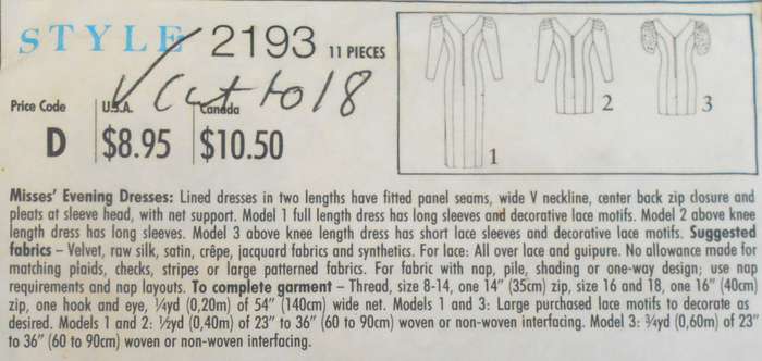 STYLE 2193 STUNNING EVENING DRESS SIZE 8-18 COMPLETE-CUT TO 18
