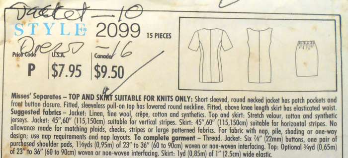 STYLE 2099 TOP & SKIRT - SUITABLE FOR KNITS SIZE 6-16 COMPLETE-JACKET CUT TO 10 DRESS CUT TO 16