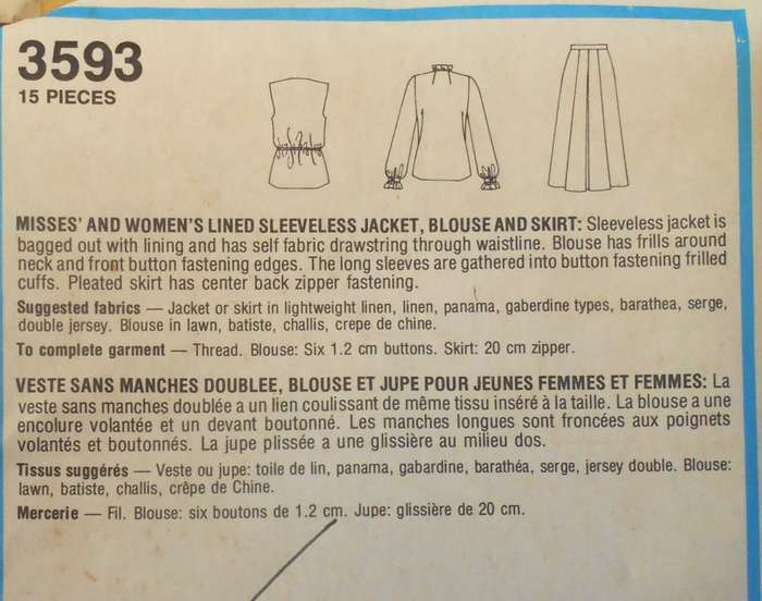 STYLE 3593 LINED SLEEVELESS JACKET-BLOUSE-SKIRT SIZE 20 COMPLETE
