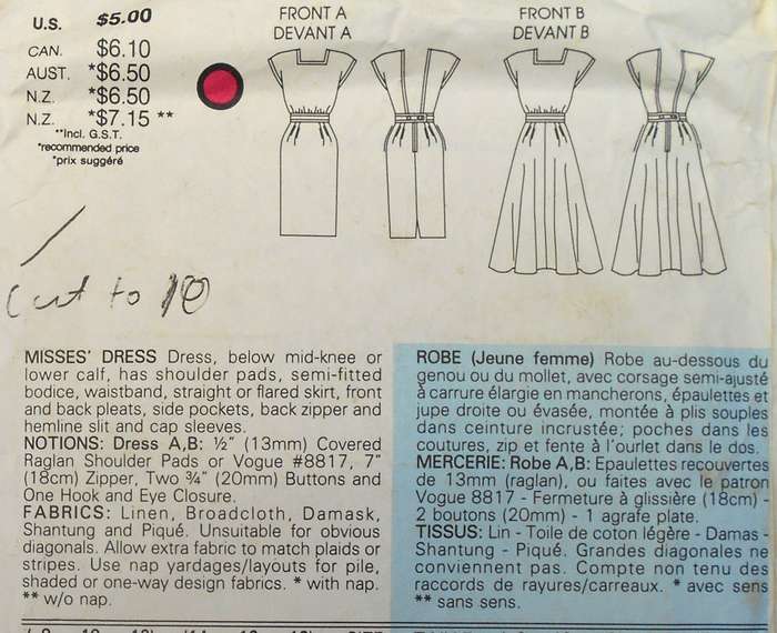VOGUE 9605 DRESS WITH BACK FEATURE SIZE 8-10-12 CUT TO 12 COMPLETE-ZIPLOC