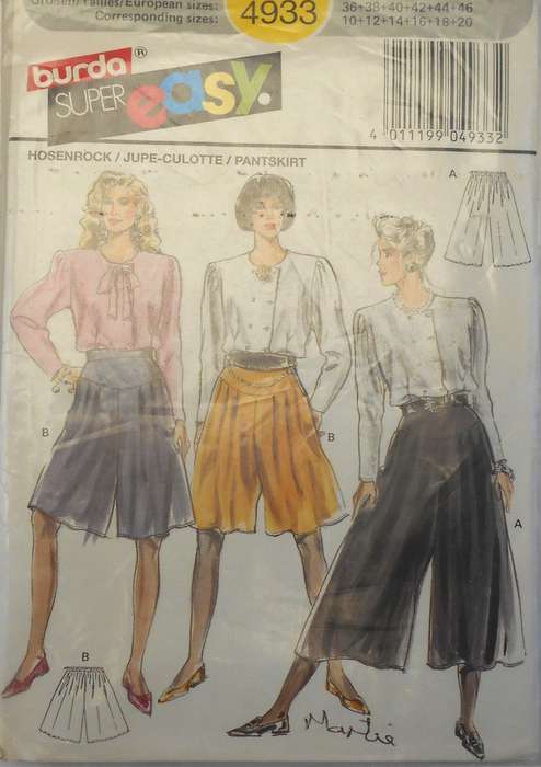 BURDA 4933 CULOTTES SIZE 10-20 COMPLETE-CUT TO 12