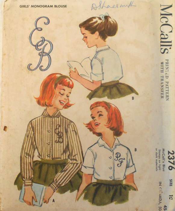V/VINTAGE McCALLS 2376 GIRLS MONGRAM BLOUSE SIZE 10 YEARS COMPLETE-UNCUT-F/FOLDED + TRANSFER