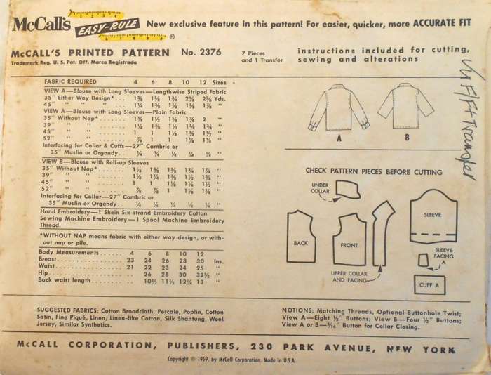 V/VINTAGE McCALLS 2376 GIRLS MONGRAM BLOUSE SIZE 10 YEARS COMPLETE-UNCUT-F/FOLDED + TRANSFER