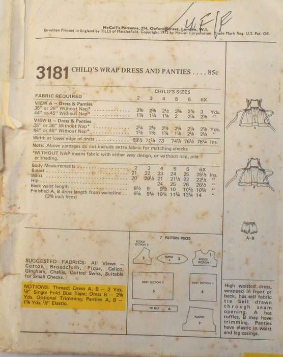 VINTAGE McCALLS 3181 GIRLS WRAP DRESS & PANTIES SIZE 2 YEARS COMPLETE-UNCUT-F/FOLDED
