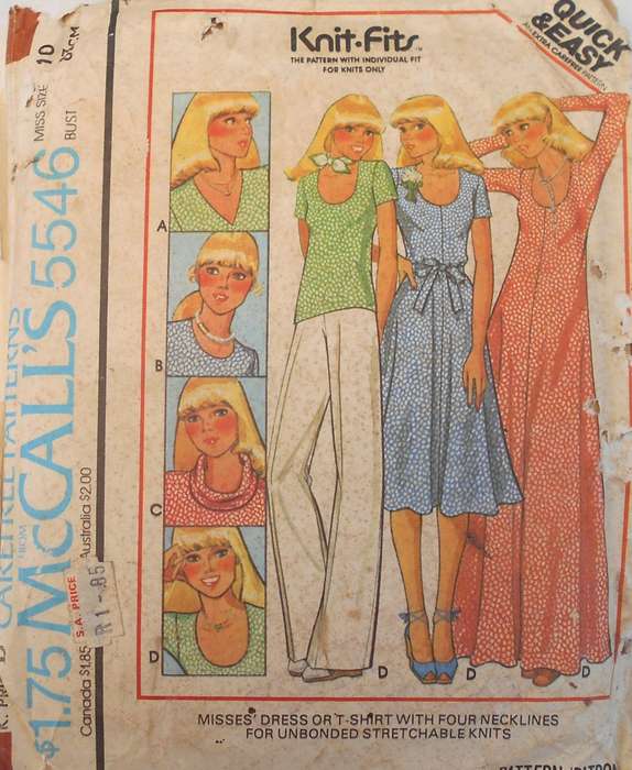 VINTAGE McCALLS 5546 DRESS-T-SHIRT IN 4 NECKLINES FOR KNITS SIZE 10 BUST 83 CM COMPLETE