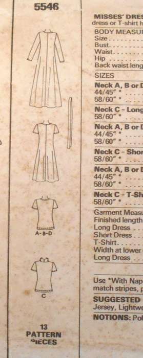 VINTAGE McCALLS 5546 DRESS-T-SHIRT IN 4 NECKLINES FOR KNITS SIZE 10 BUST 83 CM COMPLETE