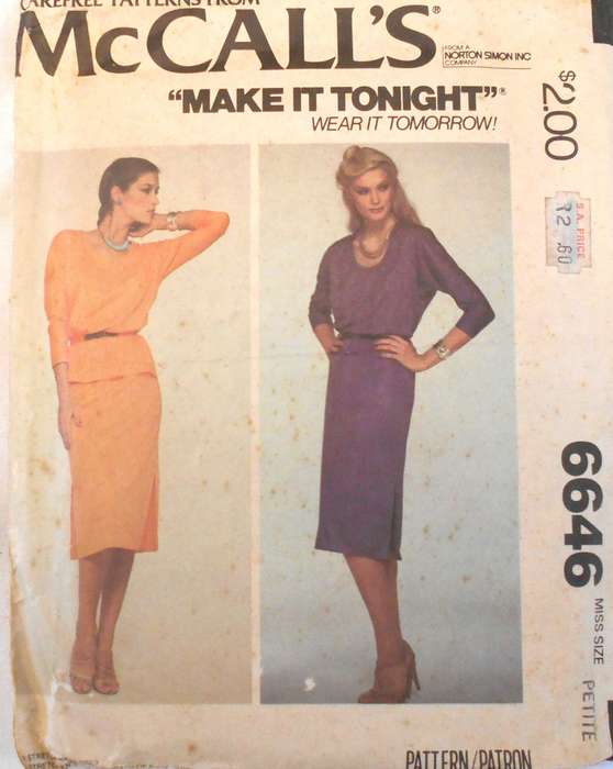 VINTAGE McCALLS 6646 DRESS-TOP-SKIRT FOR KNITS SIZE PETITE 6-8 COMPLETE