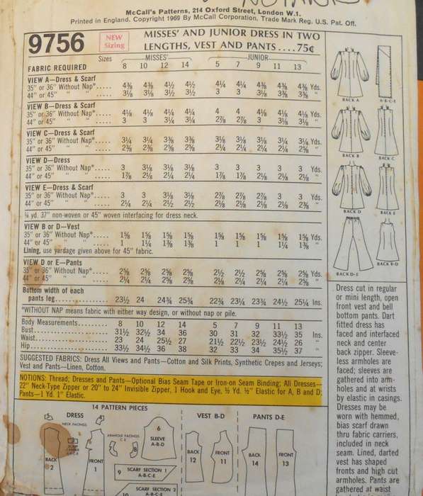 VINTAGE McCALLS 9756 DRESS IN 2 LENGTHS-WAISTCOA SIZE 10 BUST 32 1/2 - NO PANTS PATTERN SUPPLIED