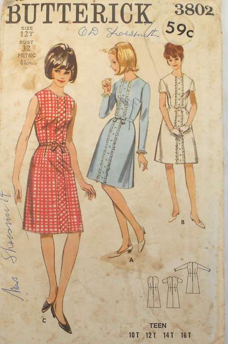 VINTAGE BUTTERICK 3802 ONE PIECE DRESS SIZE 12 BUST 32 COMPLETE-UNCUT-F/FOLDED