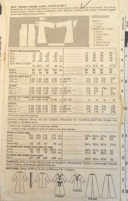 BUTTERICK 4010 DRESS-TUNIC-PANTS-BELT SIZE 14 BUST 92 CM COMPLETE