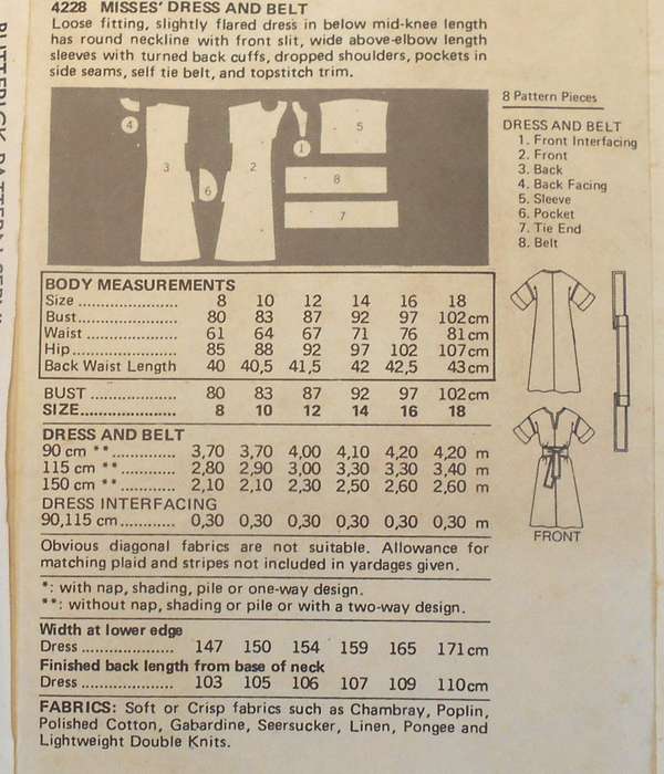 BUTTERICK 4228 BELTED TENT DRESS SIZE 14 BUST 92 CM COMPLETE