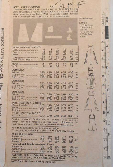 BUTTERICK 4317 PINAFORE SIZE 14 BUST 92 CM COMPLETE-UNCUT-F/FOLDED