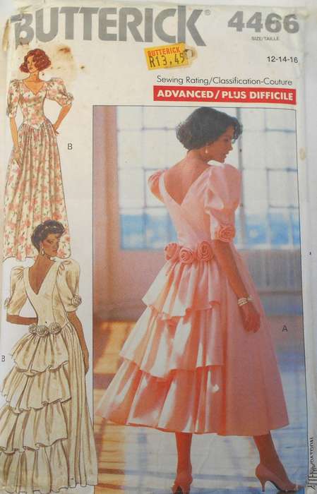 BUTTERICK 4466 STUNNING DRESS-DROPPED WAIST-TIERED SKIRT-V NECK SIZE 12-14-16 COMPLETE-CUT TO 16