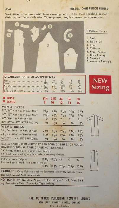 VINTAGE BUTTERICK 4869 ONE PIECE DRESS SIZE 10 BUST 32  1/2 COMPLETE