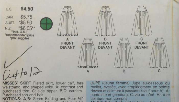 BUTTERICK 5607 FLARED SKIRTS SIZE 8-10-12 COMPLETE-CUT TO 12