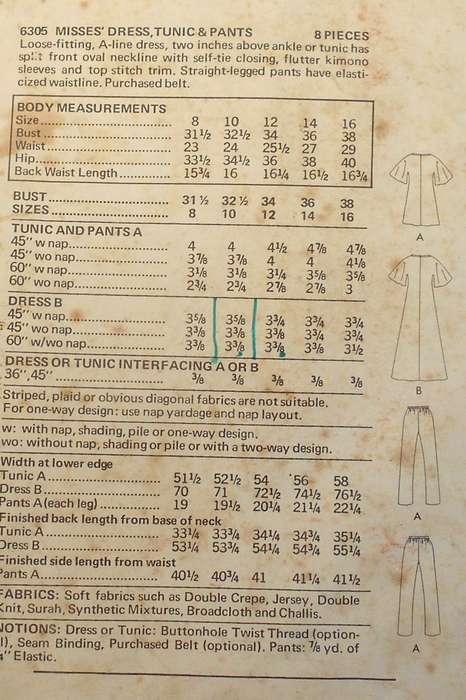 BUTTERICK 6305 DRESS-TUNIC-PANTS SIZE 10 BUST 32 1/2 COMPLETE