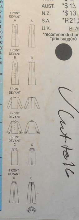 BUTTERICK 6916`PINAFORE-TOP-BLOUSE-JABOT-SKIRT-PANTS SIZE 12-14-16-COMPLETE-CUT TO 16