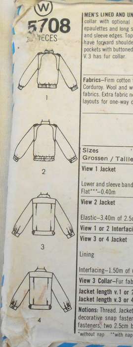 SIMPLICITY 5708 MEN'S LINED AND UNLINED JACKETS SIZE 38 COMPLETE