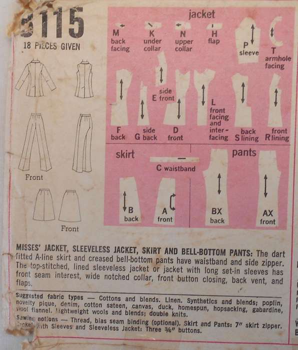 VINTAGE SIMPLICITY 8115 JACKET-SLEEVELESS JACKET-SKIRT-BELL BOTTOM PANTS SIZE 12 BUST 34 COMPLETE