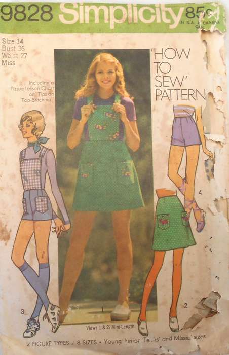 VINTAGE SIMPLICITY 9828 MINI SKIRT-SHORT SHORTS WITH DETACHABLE BIB SIZE 14 BUST 36 COMPLETE-ZIPLOC