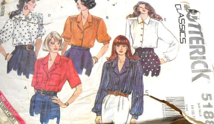 BUTTERICK 5188 SET OF SHIRTS SIZE 14-16-18 COMPLETE-CUT TO 14-ZIPLOC