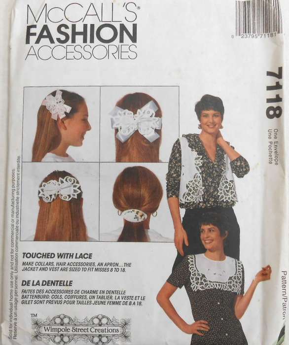McCALLS FASHION ACCESSORIES 7118 MAKE COLLARS-HAIR PIECES-APRON ONE SIZE COMPLETE-UNCUT-F/FOLDED