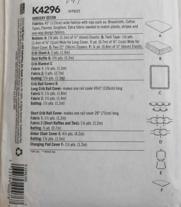 KWIK SEW K4296 NURDERY DECOR ONE SIZE COMPLETE-UNCUT-F/FOLDED
