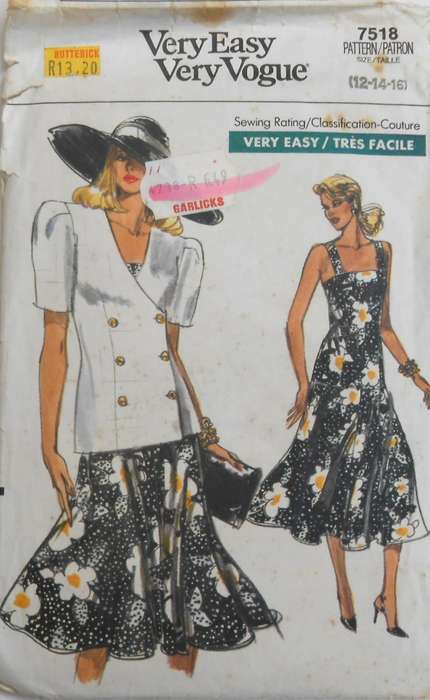 VOGUE 7518 DOUBLE BREASTED JACKET & DRESS WITH STRAPS SIZE 12-14-16 COMPLETE CUT TO 16