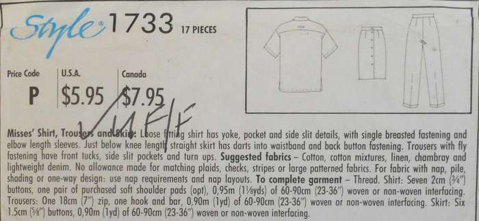 STYLE 1733 SHIRT-PANTS-SKIRT SIZE 6-16-COMPLETE-UNCUT-F/FOLDED