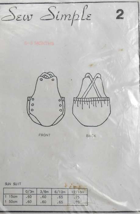 SEW SIMPLE PATTERNS 2 BABY SUN SUIT SIZE 0-3 MONTHS