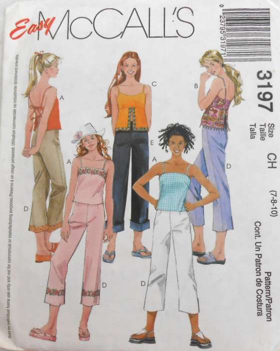 McCALLS 3197 GIRLS LINED TOPS & CROPPED PANTS SIZE 7-8-10 YEARS COMPLETE-UNCUT-F/FOLDED