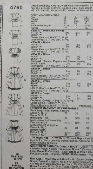 McCALLS 4760 GIRLS DRESS & FLOWER SIZE 7 YEARS COMPLETE-UNCUT-F/FOLDED