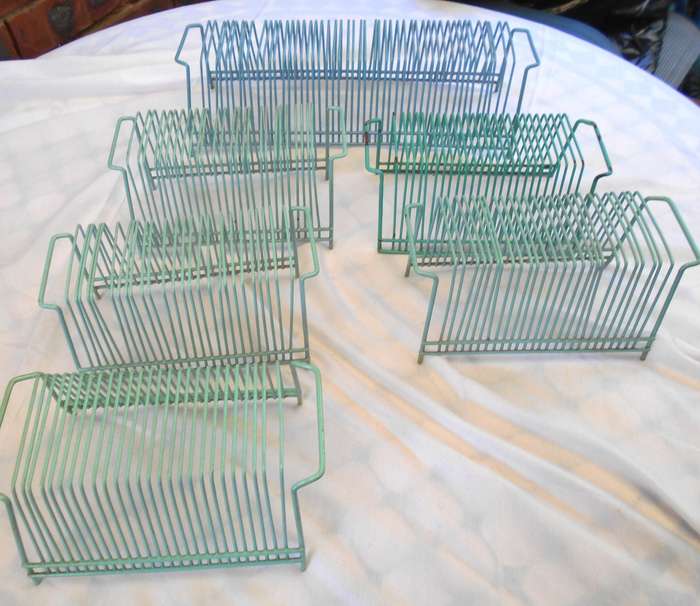 5 small (hold 25 LPS) & 1 large (holds 48 LPS) VINYL RECORD STANDS-5 GREEN & 1 BLUE-SOLD SEPARATELY