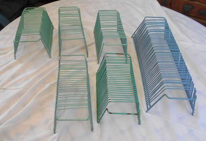 5 small (hold 25 LPS) & 1 large (holds 48 LPS) VINYL RECORD STANDS-5 GREEN & 1 BLUE-SOLD SEPARATELY