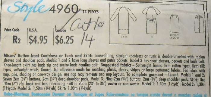STYLE 4960 FRONT BUTTON COAT DRESS-TUNIC-SKIRT SIZE 6-14 COMPLETE-CUT TO 14
