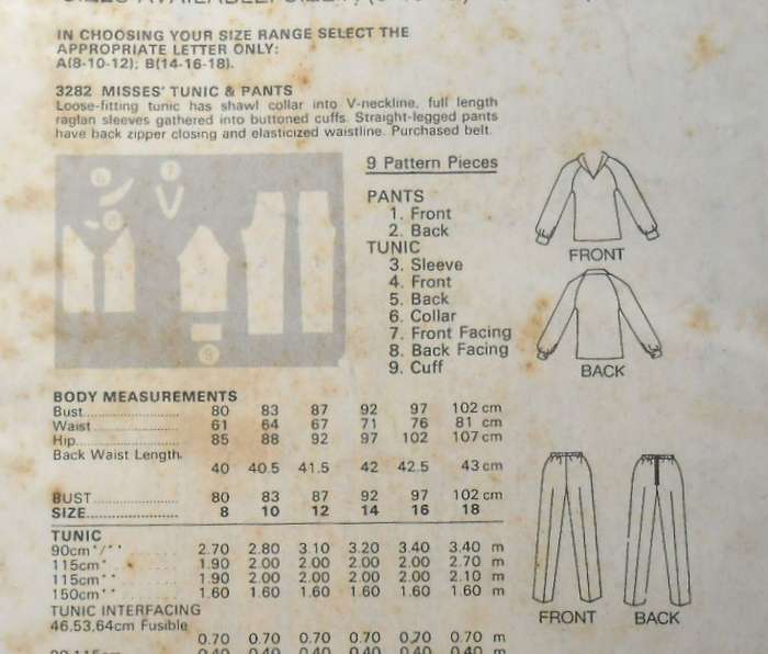 BUTTERICK 3282 TUNIC & PANTS SIZE 8-10-12 COMPLETE-UNCUT-F/FOLDED