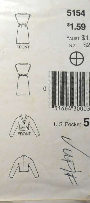BUTTERICK 5154 LOOSE FITTING JACKET & DRESS SIZE 8-10-12 COMPLETE-UNCUT-F/FOLDED
