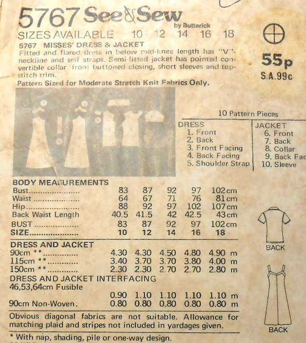 BUTTERICK 5767 JACKET-DRESS SIZE 10 COMPLETE-ZIPLOC