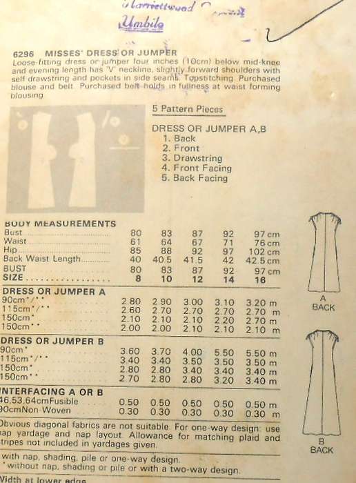 BUTTERICK 6296 DRESS OR PINAFORE SIZE 14 COMPLETE