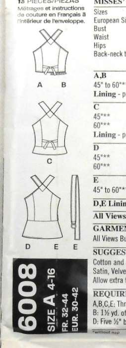 NEW LOOK PATTERNS 6008 TOPS OR WAISTCOATS SIZES 4-16 CUT TO SIZE 14 TIE END NOT SUPPLIED