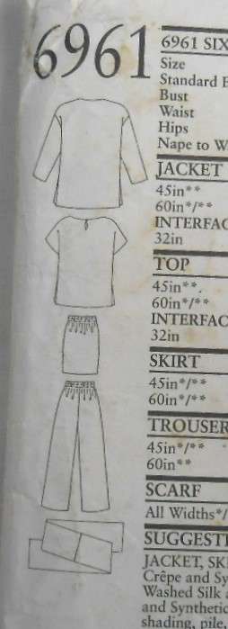NEW LOOK PATTERNS 6919 TOP-SKIRT-PANTS-JACKET-SCARF SIZE 8-18 COMPLETE-UNCUT-F/F ONLY TOP CUT