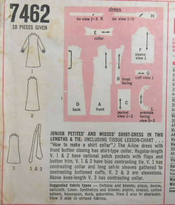 VINTAGE SIMPLICITY 7462 SHIRTDRESS IN 2 LENGTHS + TIE SIZE 5PJ BUST 31 1/2 COMPLETE-MOSTLY UNCUT
