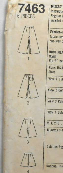 SIMPLICITY 7463 SET OF CULOTTES IN 4 LENGTHS SIZE 10 COMPLETE-NO SEWING INSTRUCTIONS SUPPLIED